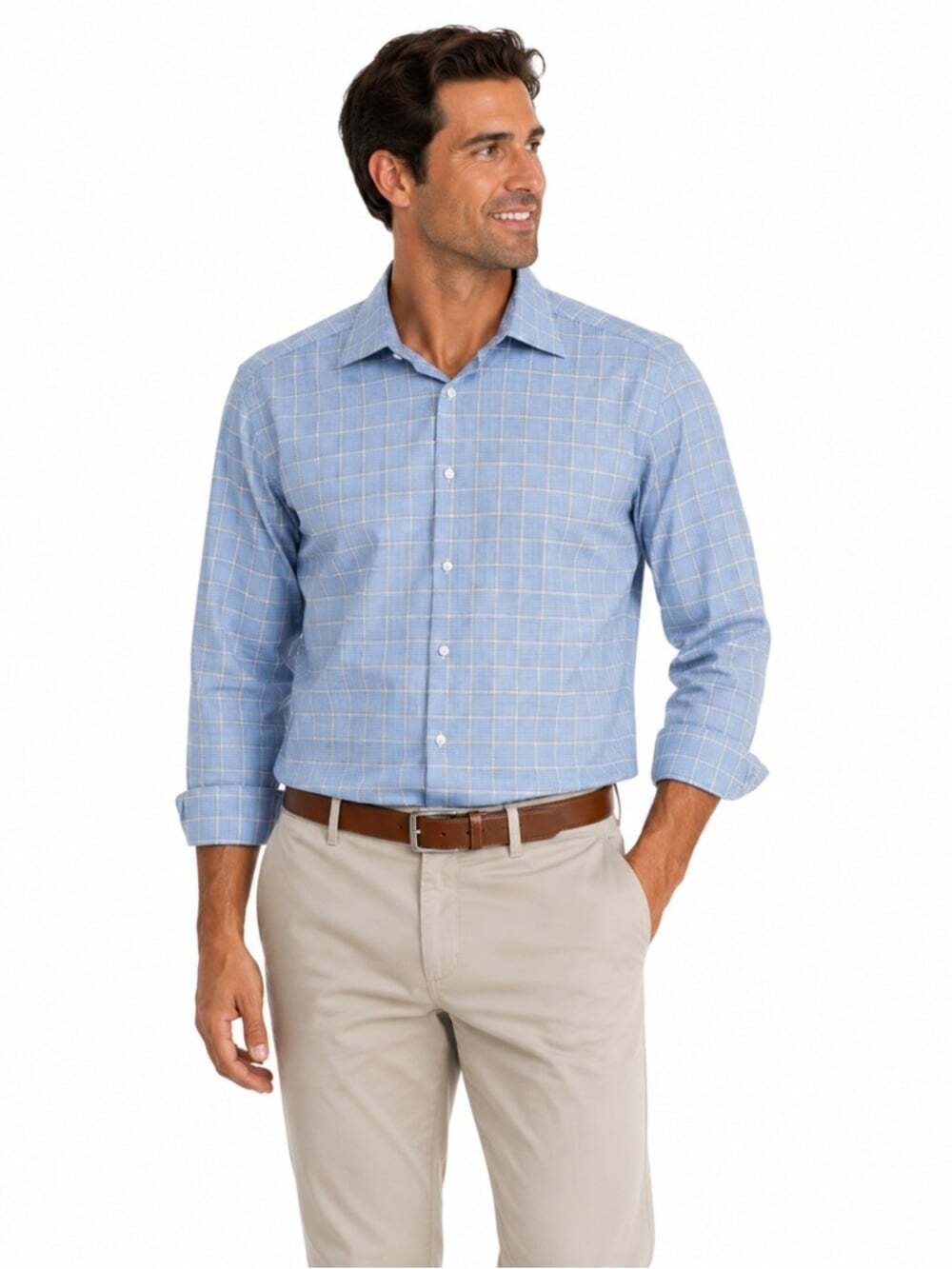 Saks Fifth Avenue Shirt 16.5 Blue Windowpane Long Sleeve Button Front Business